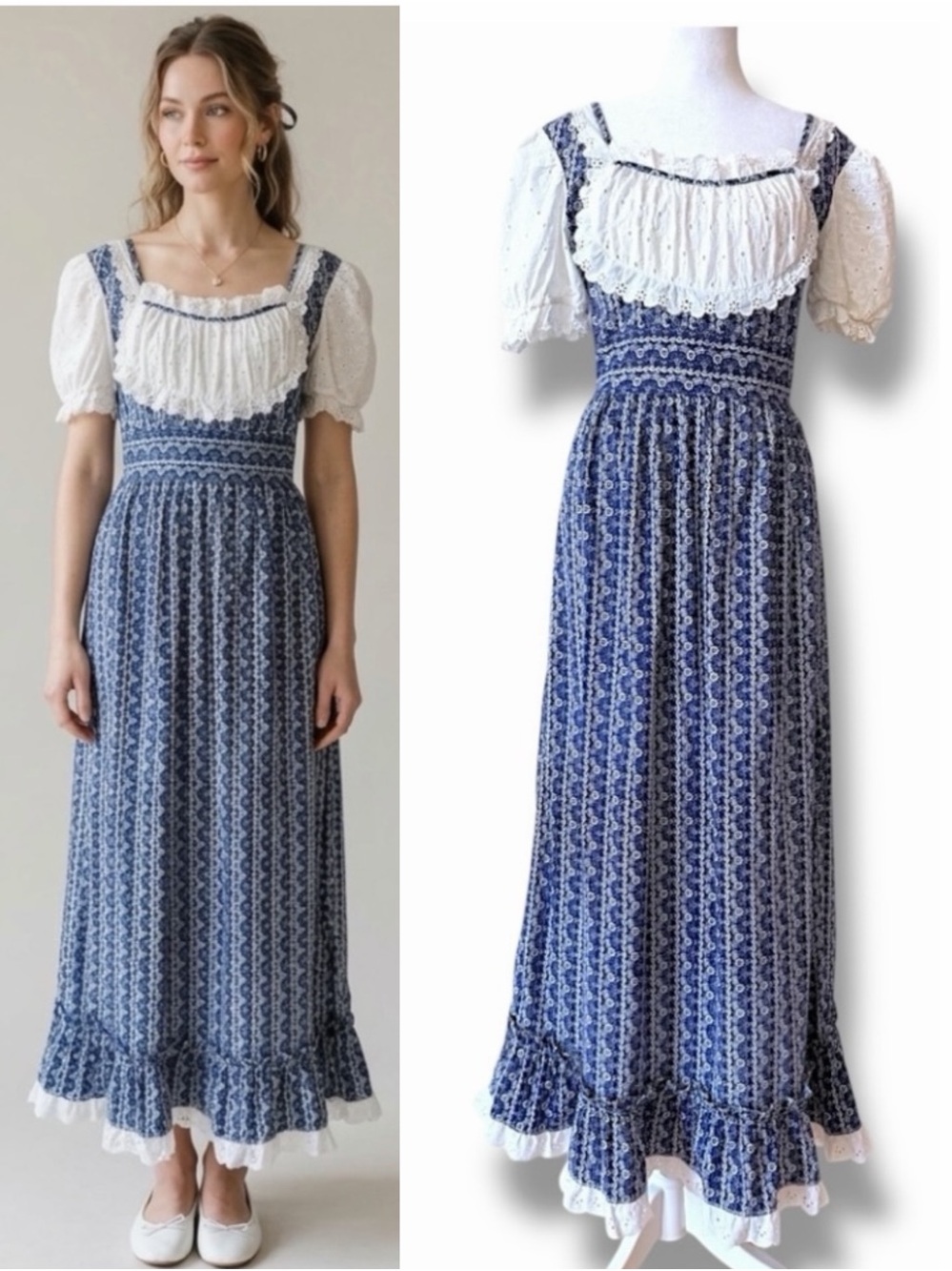 Vtg 70s Ronni Nicole Navy Calico Prairie Maxi Dress Small Cottagecore Boho